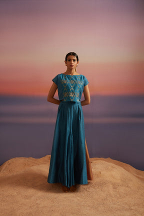 Coral Blue Banarasi Crop Top With Contrast Panel Skirt