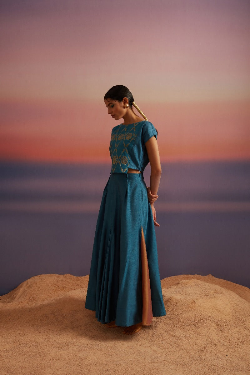 Coral Blue Banarasi Crop Top With Contrast Panel Skirt