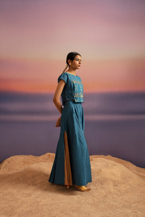 Coral Blue Banarasi Crop Top With Contrast Panel Skirt