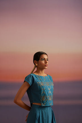 Coral Blue Banarasi Crop Top With Contrast Panel Skirt