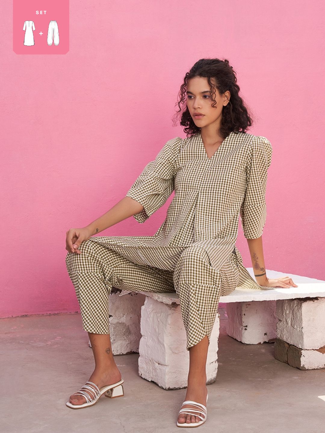 Box Pleat Gingham Checks Kurta and Overlapped Hem Pants