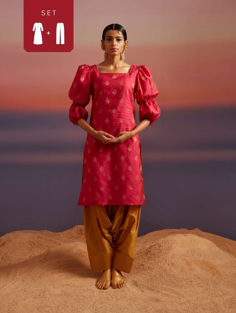 Paradise Pink Banarasi Kurta With Afghani Salwar