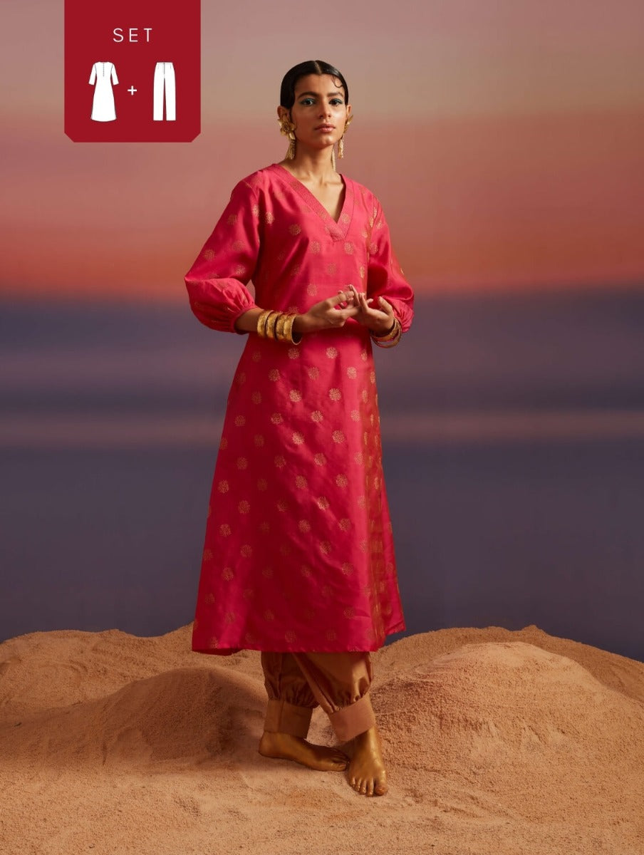 Paradise Pink Banarasi A-Line Kurta With Pathani Pants