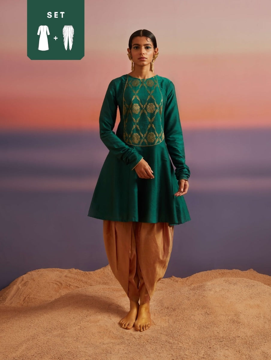 Coral Green Panelled Banarasi Kurti With Tulip Dhoti
