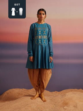 Coral Blue Panelled Banarasi Kurti Set With Tulip Dhoti