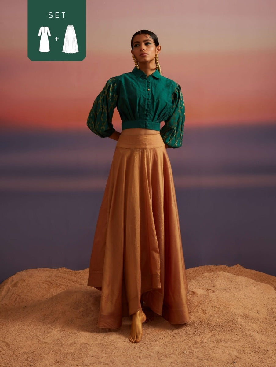 Coral Green Banarasi Button Down Crop Top With Skirt