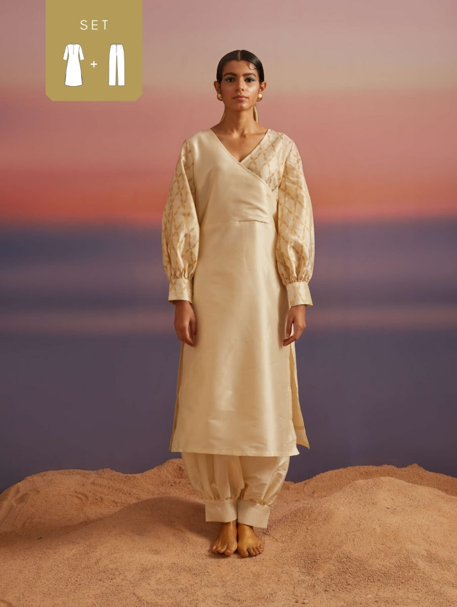 Cloud Cream Banarasi Kurta Set With Pathani Pants